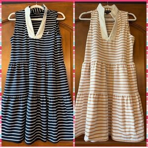 Nautica Navy & White + Beige & Cream Striped Sleeveless Tiered Dresses